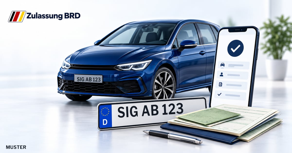 Online Fahrzeugzulassung in Sigmaringen: Musterkennzeichen SIG AB 123, Auto und Fahrzeugpapiere und Smartphone. Illustration mit Logo von Zulassung BRD.
